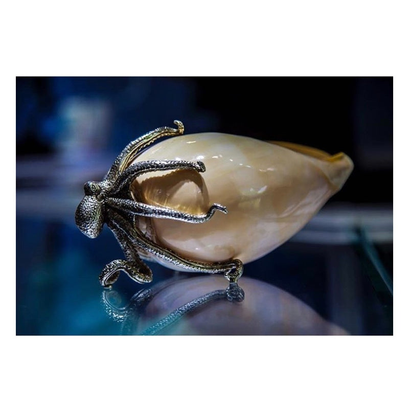 Silver-plated octopus sculpture with natural Melo shell body on blue background