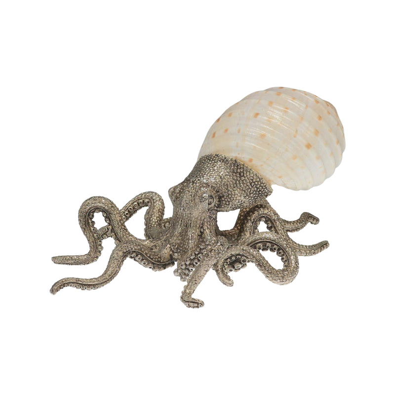 Silver-plated octopus sculpture with natural tesselate tun shell