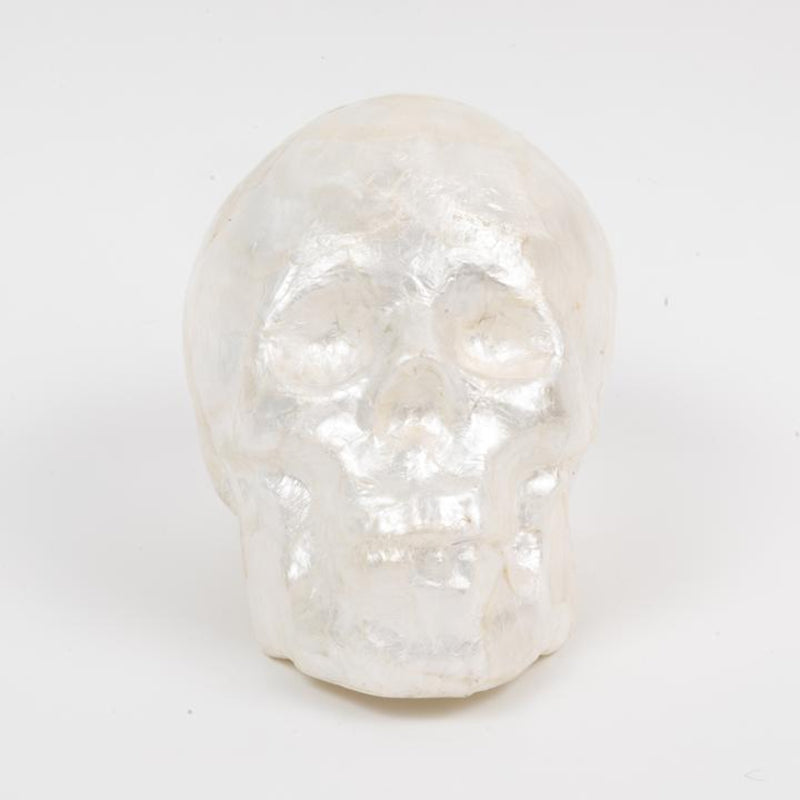 A decorative white capiz skull ornament facing the viewer designed for seasonal or holiday decoration.