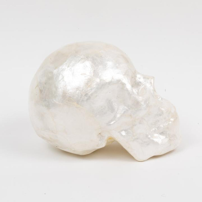 A decorative white capiz skull ornament designed for seasonal or holiday decoration, sided
