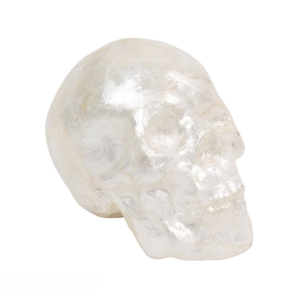 A decorative white capiz skull ornament designed for seasonal or holiday decoration.