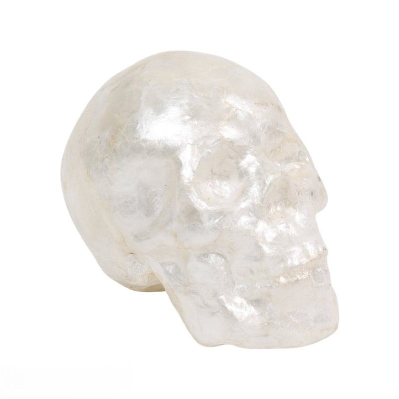 A decorative white capiz skull ornament designed for seasonal or holiday decoration.