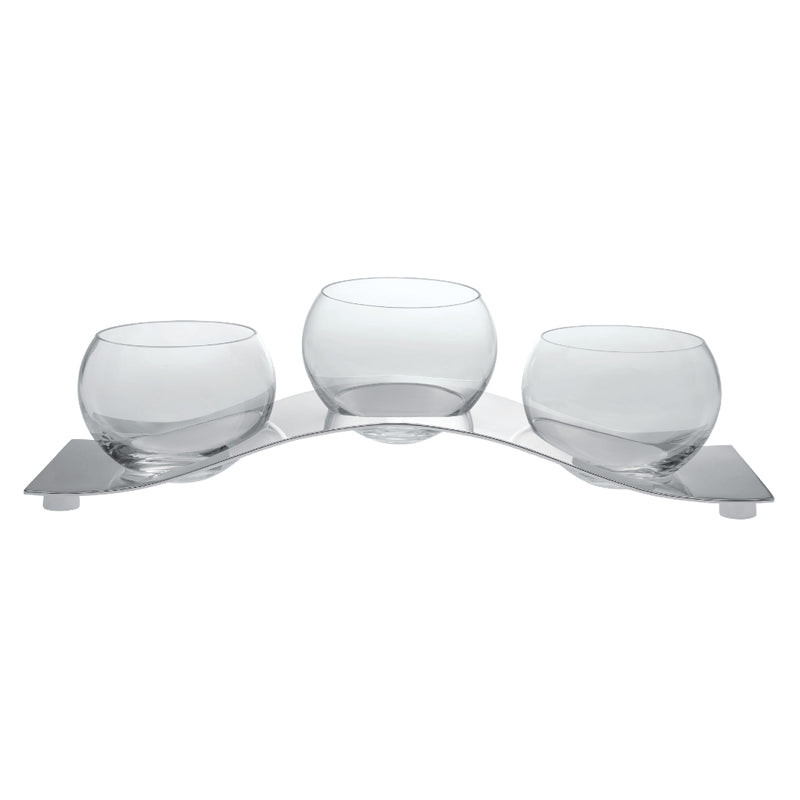 Nuages silver-colored snack server with three glass holders, featuring a curved structure and a frosted glass finish.