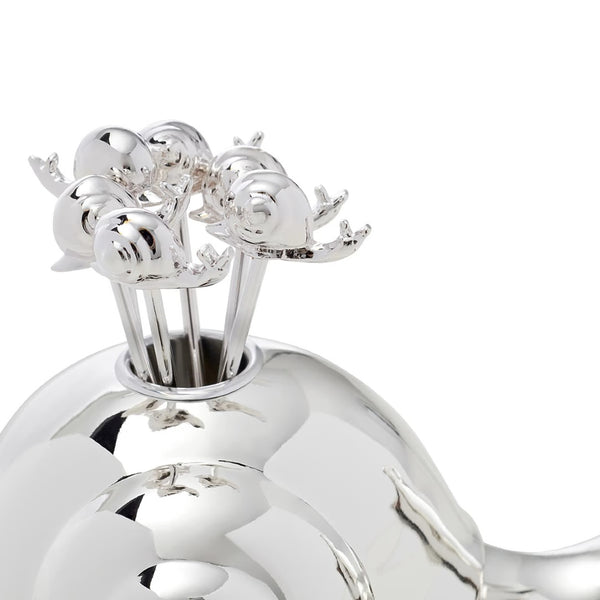 Close-up of the Silver-plated snail cocktail pick holder with 8 matching picks from the Tuileries collection by Ercuis.