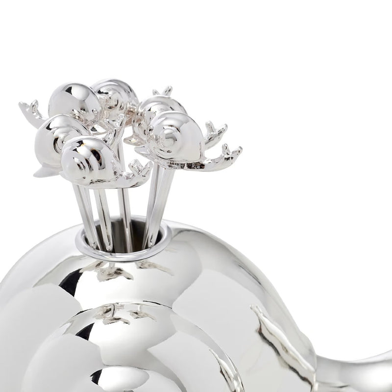 Close-up of the Silver-plated snail cocktail pick holder with 8 matching picks from the Tuileries collection by Ercuis.