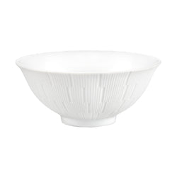 A white porcelain soup bowl with a textured engraved pattern.