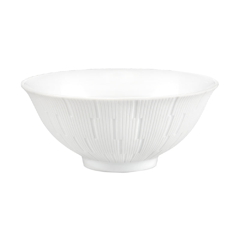 A white porcelain soup bowl with a textured engraved pattern.