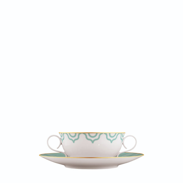 Soup Cup and Saucer Carlo Este by FÜRSTENBERG in fine porcelain with golden geometric ornamentation and mosaic-inspired design by Carlo Dal Bianco.