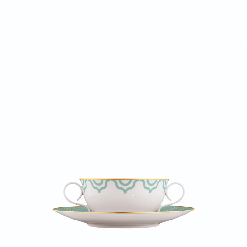 Soup Cup and Saucer Carlo Este by FÜRSTENBERG in fine porcelain with golden geometric ornamentation and mosaic-inspired design by Carlo Dal Bianco.