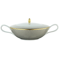 Raynaud Trésor brown porcelain soup tureen with lid and gold-accented honeycomb design