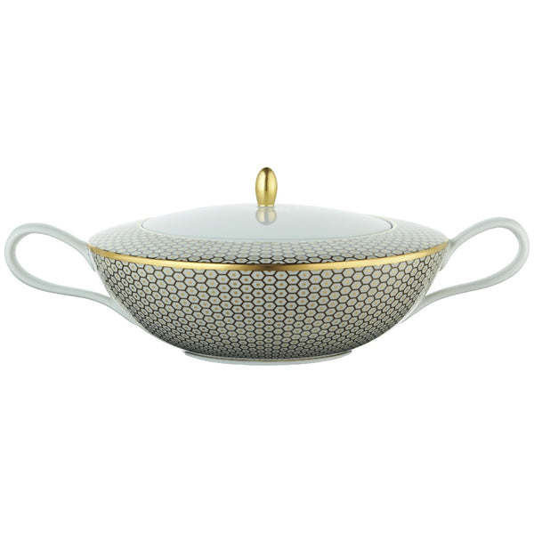 Raynaud Trésor brown porcelain soup tureen with lid and gold-accented honeycomb design