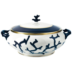 Soup Tureen Cristobal Marine porcelain by Raynaud with marine blue coral motifs, gold accents, and coral-shaped finial