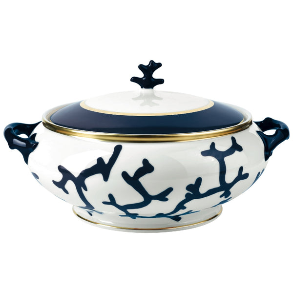 Soup Tureen Cristobal Marine porcelain by Raynaud with marine blue coral motifs, gold accents, and coral-shaped finial