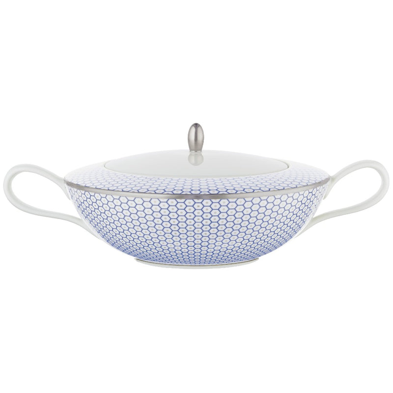 Raynaud Trésor Bleu Limoges porcelain soup tureen motive in cobalt blue with platinum honeycomb pattern