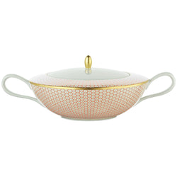 Raynaud Trésor orange porcelain soup tureen with lid and gold-accented honeycomb design