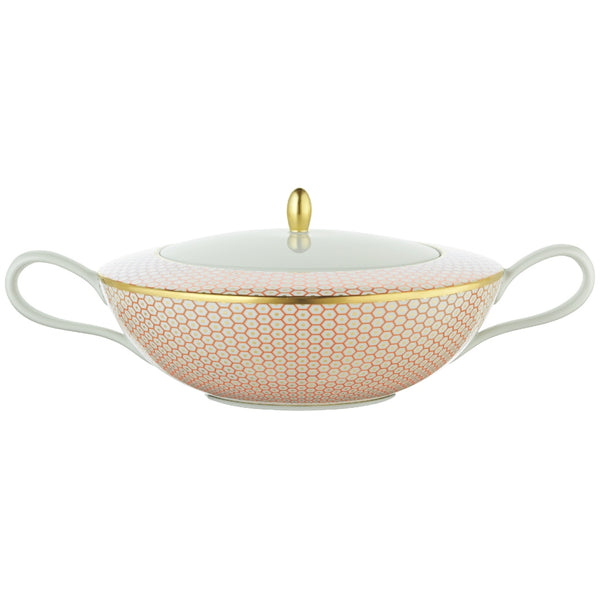 Raynaud Trésor orange porcelain soup tureen with lid and gold-accented honeycomb design