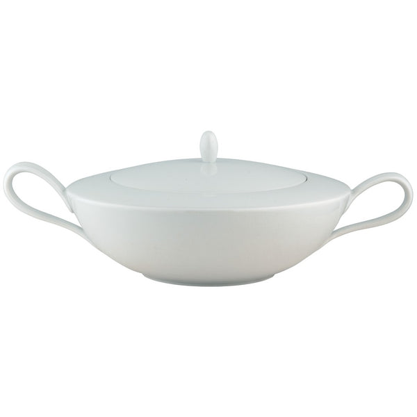 A white porcelain soup tureen with lid and two handles.