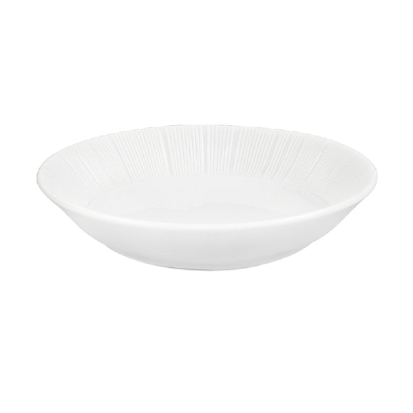 A white porcelain soy bowl with a textured pattern on the interior.