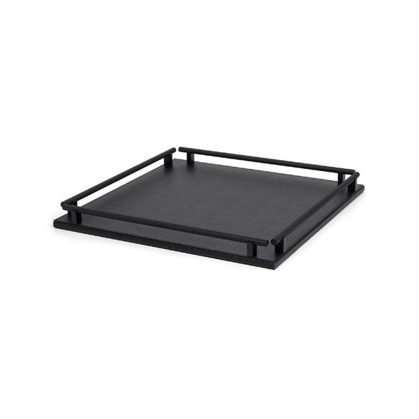 A square black leather tray with four handles, made of Liverpool grained leather, with visible texture and a solid black brass frame.