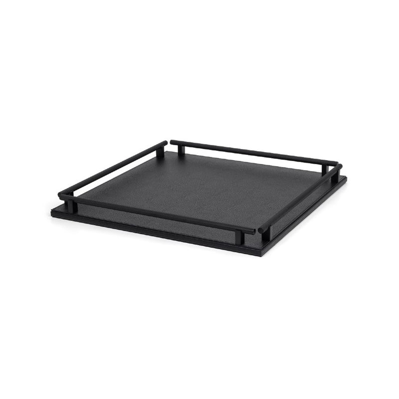 A square black leather tray with four handles, made of Liverpool grained leather, with visible texture and a solid black brass frame.