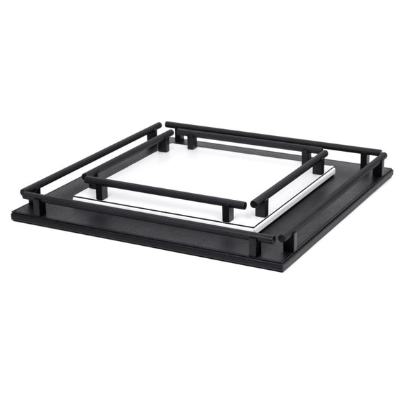 2 Square Leather Tray Robert in Black and white stacked by Pinetti