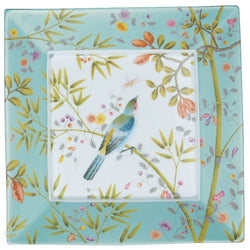trinket tray in porcelain in a turquoise colour scheme with a bird and floral design