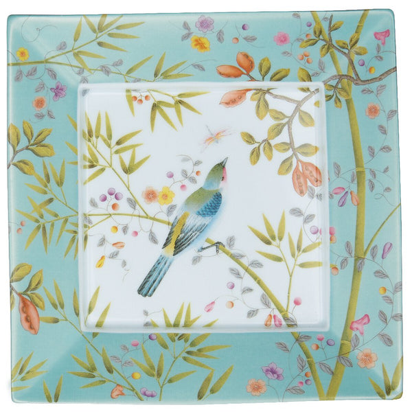 trinket tray in porcelain in a turquoise colour scheme with a bird and floral design