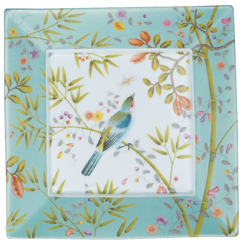 trinket tray in porcelain in a turquoise colour scheme with a bird and floral design