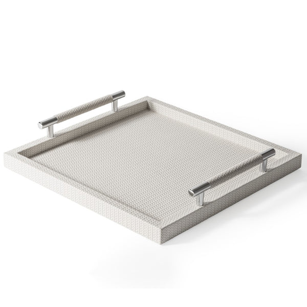 Square Woven Leather Tray with Handles Dedalo in Cream by Pinetti