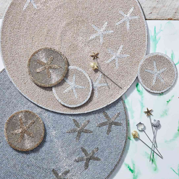 Starfish beaded drink coaster and placemats by Joanna Buchanan, elegant coastal decor