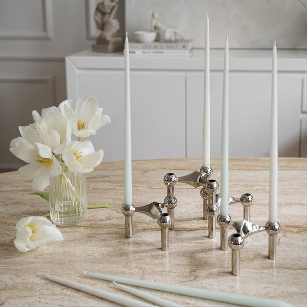 Styled White Stoff taper candles by Ester & Erik paired with Stoff Nagel candle holder