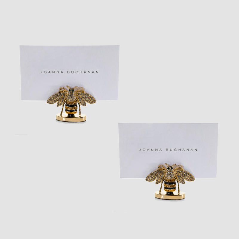 Styled two Stripey Bee place card holder in gold and black enamel with crystal details by Joanna Buchanan