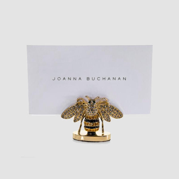 Stripey Bee place card holder in gold and black enamel with crystal details by Joanna Buchanan