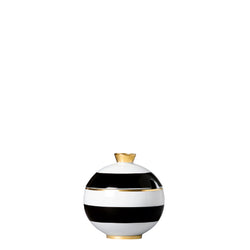 A cylindrical porcelain sugar bowl porcelain sugar bowl from my china ca d oro collection with black and white horizontal stripes spherical form and gold accents by sieger furstenberg