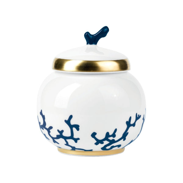 Sugar Bowl Cristobal Marine porcelain by Raynaud with marine blue coral motifs, gold accents, and coral-shaped finial