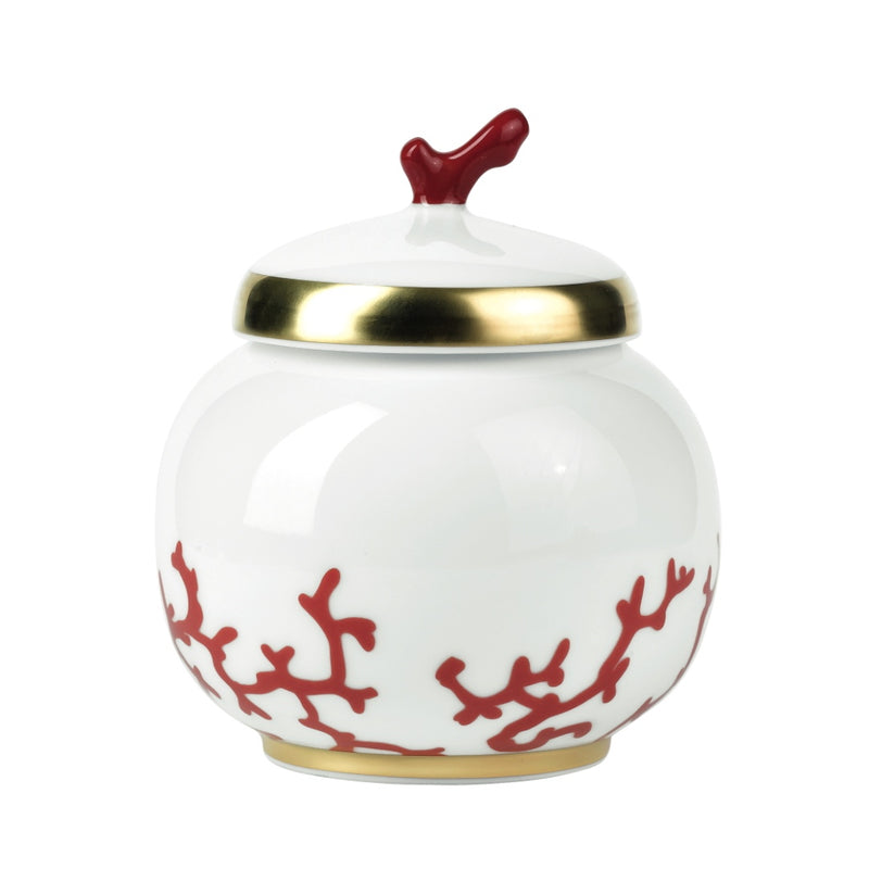 Cristobal Rouge white porcelain sugar bowl with red coral patterns and a gold finish, featuring a lid with a red handle.