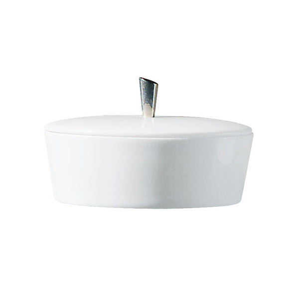 A white porcelain sugar bowl with a wide rim and a metal handle on top.