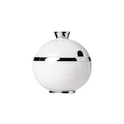 A white porcelain sugar bowl with a platinum finish and a lid, set against a plain background.
