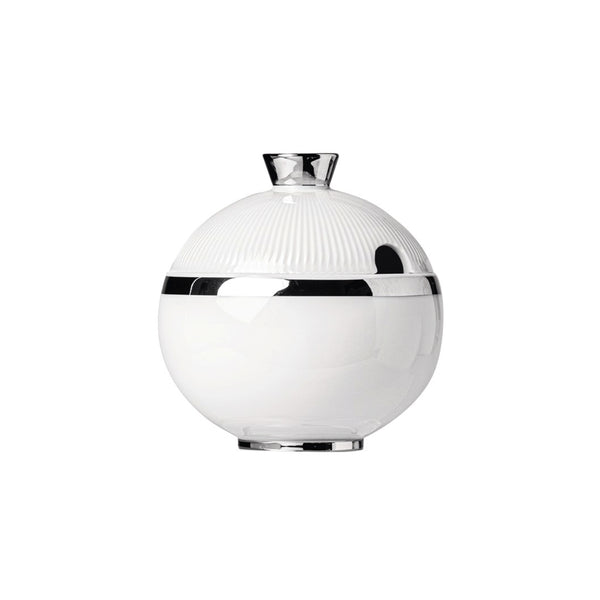 A white porcelain sugar bowl with a platinum finish and a lid, set against a plain background.