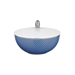 Raynaud Trésor Bleu Limoges porcelain sugar bowl in cobalt blue with platinum honeycomb design