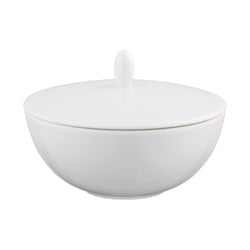 A white porcelain sugar bowl with a lid, from the brand Raynaud.