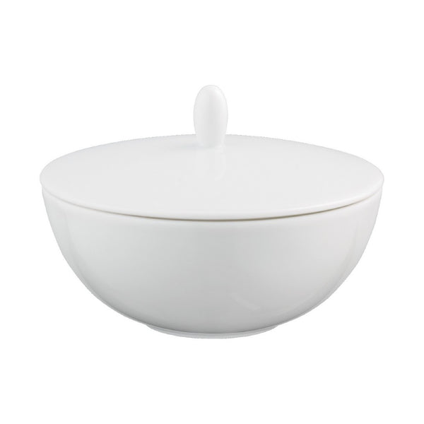 A white porcelain sugar bowl with a lid, from the brand Raynaud.