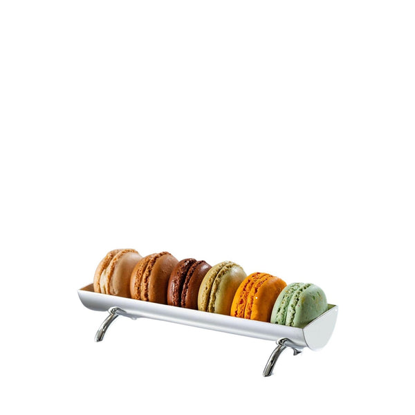 A silver-plated Sonja Quandt Macaron Bowl 'Sweet' filled with colorful macarons on a white background.