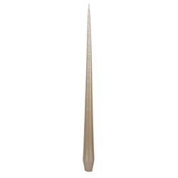 An unscented taper candle in a pearl color, with a sleek and simple design, tapering to a point at the top.