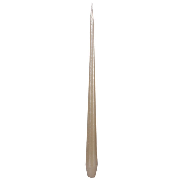 An unscented taper candle in a pearl color, with a sleek and simple design, tapering to a point at the top.