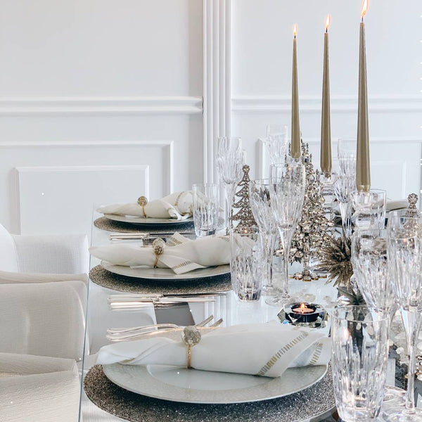 Christmas table decor with Pearl taper candles set of 4 by Shishi with satin finish and elegant slim silhouette

