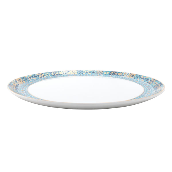 side view of the Tart Platter Portofino by Haviland in Limoges porcelain with Mediterranean blue and gold mosaic design.