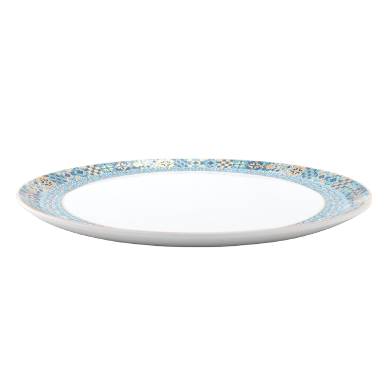 side view of the Tart Platter Portofino by Haviland in Limoges porcelain with Mediterranean blue and gold mosaic design.