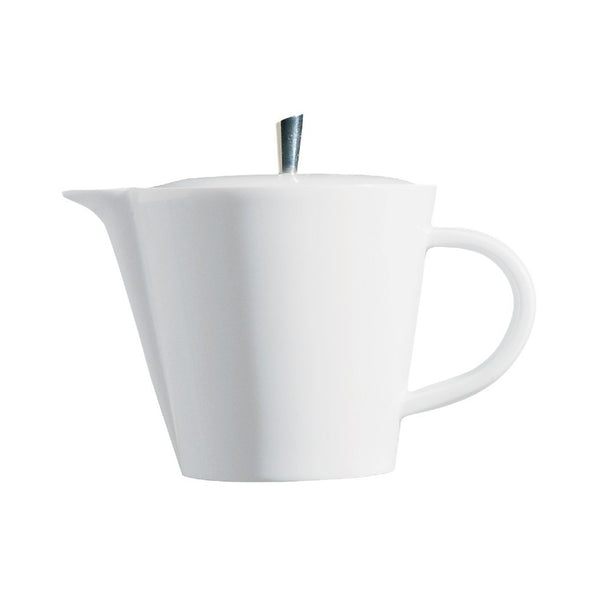 A white porcelain teapot with a modern design, featuring a wide rim and a metal spout cover.