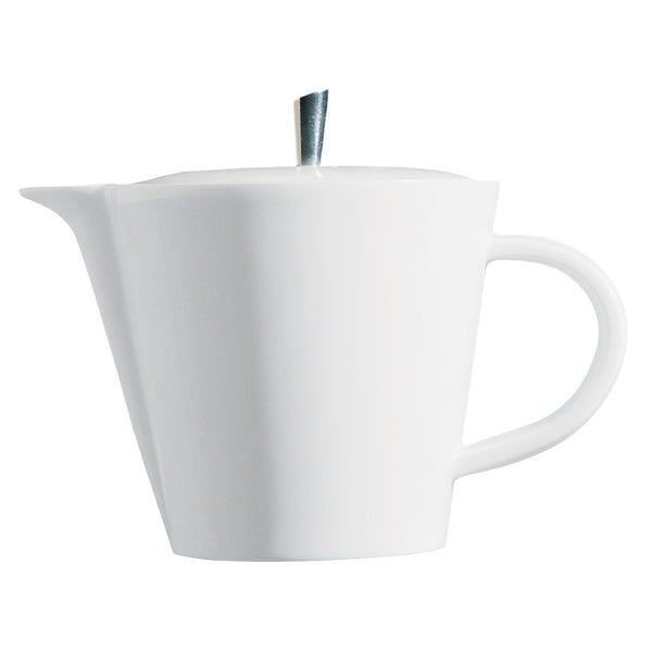 A white porcelain teapot with a modern design and a silver-colored spout tip.